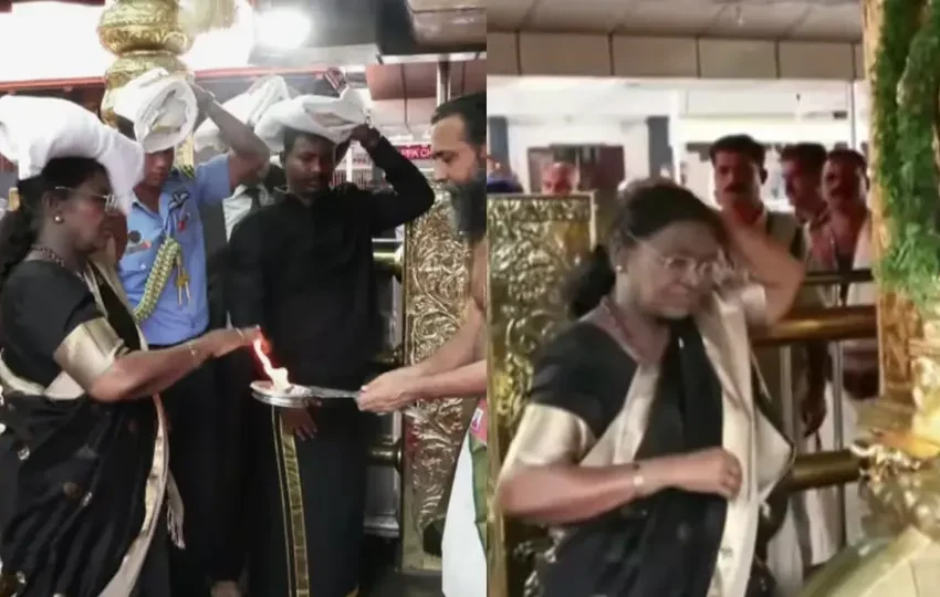 ഇരുമുടിക്കെട്ടുമായി സന്നിധാനത്തെത്തി അയ്യനെ കണ്ട് വണങ്ങി ദ്രൗപദി മുര്മു